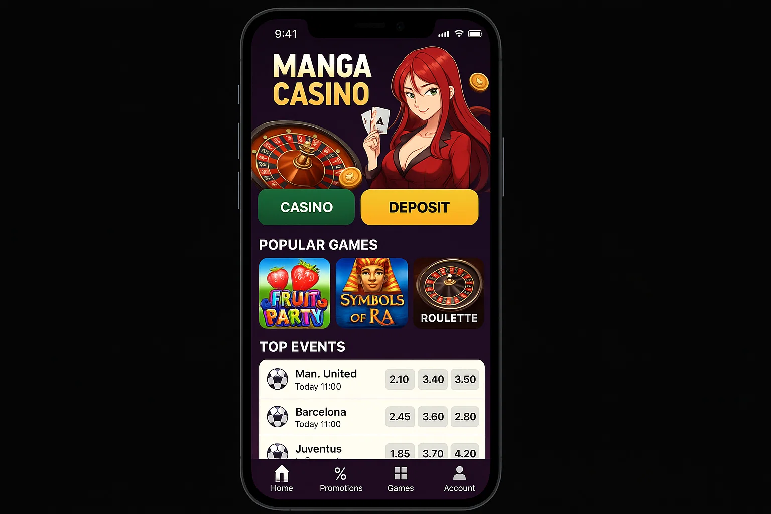 Interface mobile de Manga Casino montrant les jeux et paris sportifs