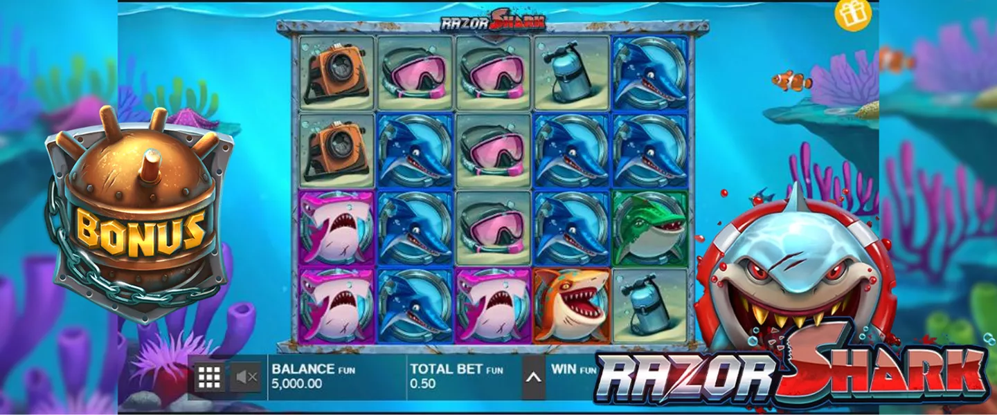 Machine à sous Razor Shark avec thème océanique et Mystery Stacks